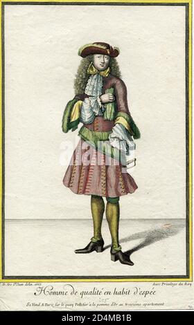 Hand coloured French fashion engraving of 17 centuryJ. D. De Saint Jean Stock Photo