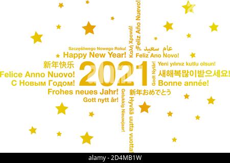 Happy New Year 2021 in different languages word cloud greeting card concept Stock Vector