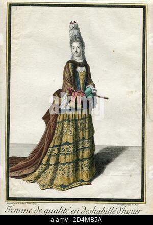Hand coloured French fashion engraving of 17 century J.. D. De Saint Jean Stock Photo