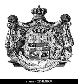 19th-century engraving of coat of arms of Mecklenburg. Published in Systematischer Bilder-Atlas zum Conversations-Lexikon, Ikonographische Encyklopaed Stock Photo
