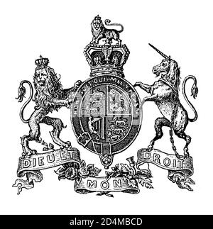 Antique engraving of coat of arms of United Kingdom. Published in Systematischer Bilder-Atlas zum Conversations-Lexikon, Ikonographische Encyklopaedie Stock Photo