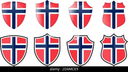 Vertical Norway flag in shield shape, four 3d and simple versions. Norwegian icon / sign Stock Vector