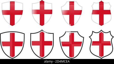 Vertical English Saint George flag in shield shape, four 3d and simple versions. England icon / sign Stock Vector