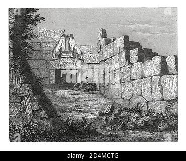 19th-century engraving of the Lion Gate in Mycenae. Published in Systematischer Bilder-Atlas zum Conversations-Lexikon, Ikonographische Encyklopaedie Stock Photo