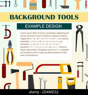 Building tools. Background for text. Construction, decoration, repair of houses, offices. Repair services. Tool kits. Sale, rent. Hand tools. Sets. Sh Stock Photo