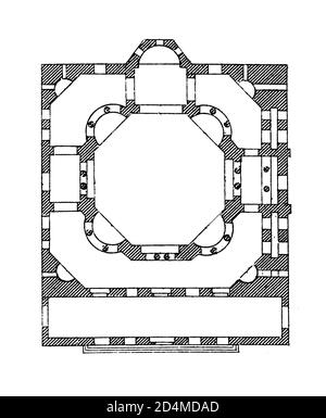 19th-century illustration of a floor plan of the Church of the Saints Sergius and Bacchus in Istanbul, Turkey. Published in Systematischer Bilder-Atla Stock Photo