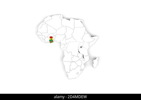 Africa 3d map with borders marked - Ghana area marked with Ghana flag - isolated on white background - 3D Illustration Stock Photo