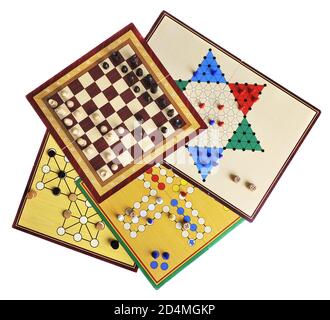 Various board games of ludo, halma, chess and fox and geese isolated on white Stock Photo