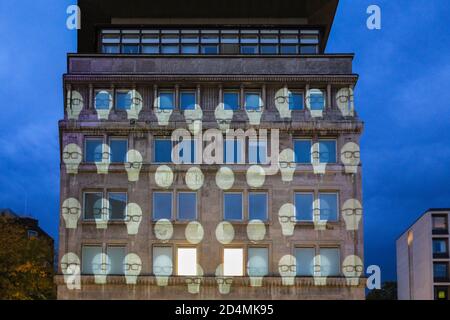 Essen, NRW, Germany. 09th Oct, 2020. Installation 1,  videomapping. The annual Essen Light Festival runs until Oct 11th this year and regularly attracts a large crowd of spectators who stroll around the trail of light installations in the city´s central shopping and culture district. Credit: Imageplotter/Alamy Live News Stock Photo