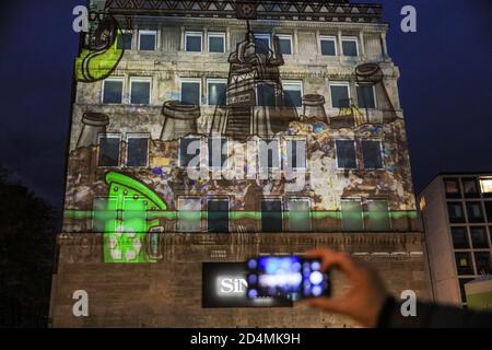 Essen, NRW, Germany. 09th Oct, 2020. Installation 1, videomapping. The annual Essen Light Festival runs until Oct 11th this year and regularly attracts a large crowd of spectators who stroll around the trail of light installations in the city´s central shopping and culture district. Credit: Imageplotter/Alamy Live News Stock Photo