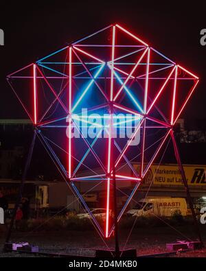 Essen, NRW, Germany. 09th Oct, 2020. Installation 9 a triangular light shape.The annual Essen Light Festival runs until Oct 11th this year and regularly attracts a large crowd of spectators who stroll around the trail of light installations in the city´s central shopping and culture district. Credit: Imageplotter/Alamy Live News Stock Photo