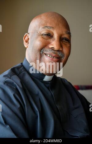 Mr Leahman Filmore Pratt, Christian Chaplain at HMP Exeter, who has been awarded an MBE for services to HM Prison and Probation Service during Covid-19, photographed at his home in Exeter, Devon. Stock Photo