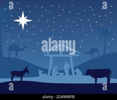 happy merry christmas manger scene with holy family in stable and animals night vector illustration design Stock Vector