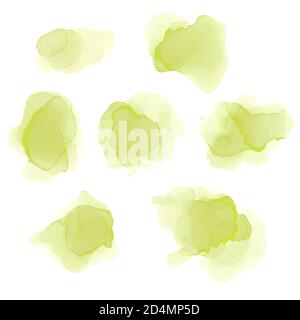 Watercolor Green Splashes Set. Alcohol Ink Texture. Abstract Colorful Background. Hand Painted Watercolor Texture Stock Vector