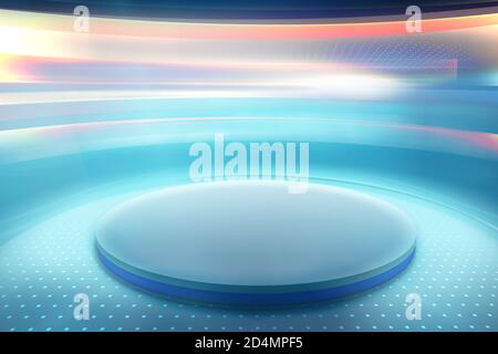 High tech and modern 3d studio space with big round stage at center, 3d illustration Stock Photo