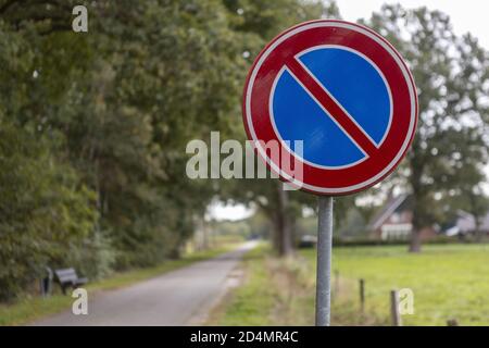 HOGE HEXEL, NETHERLANDS - Oct 02, 2020: Dutch traffic sign on the side of the road depicting a motorcycle and bicycle meaning no entry for those vehic Stock Photo