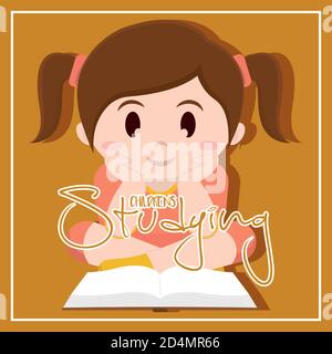 Isolated girl read childrens studying school sticker - Vector Stock Vector