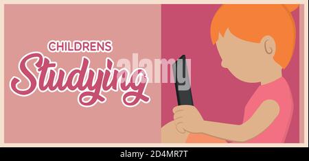 Isolated girl read childrens studying school banner - Vector Stock Vector