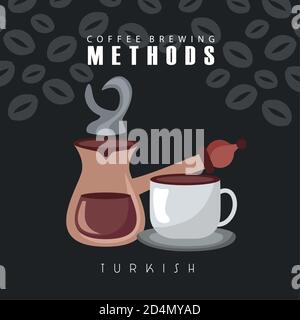 coffee brewing methods poster with cup and turkish maker vector illustration design Stock Vector