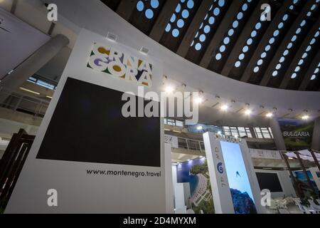 BELGRADE, SERBIA - FEBRUARY 24, 2019: Stand in Belgrade promoting Montenegro as a touristic destination held by the Montenegrian tourism organization, Stock Photo