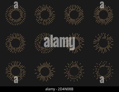 Gold radiant sun burst shapes set. Abstract elements linear sunburst firework. Golden sunlight. Vintage hipster style light rays frames for retro logo or emblem. Isolated on dark vector illustration Stock Vector