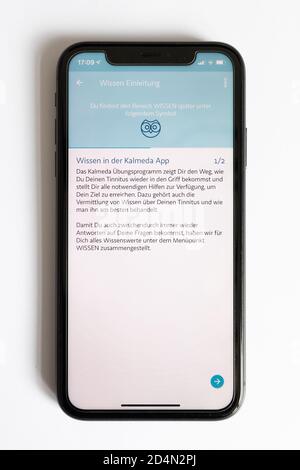 Freiburg, Germany. 09th Oct, 2020. ILLUSTRATION - The Kalmeda Tinnitus App is displayed on a smartphone. The app is one of two that have been on a list of reimbursable digital services of health insurance companies for a few days. This means that doctors can now prescribe an app for tinnitus or anxiety disorders. Credit: Philipp von Ditfurth/dpa/Alamy Live News Stock Photo