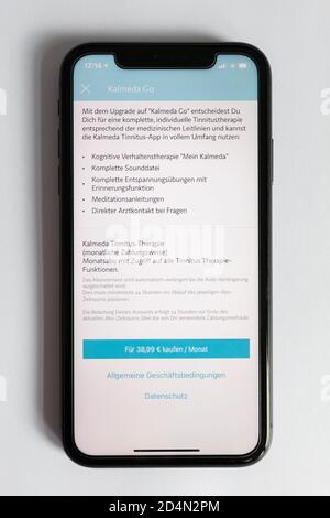 Freiburg, Germany. 09th Oct, 2020. ILLUSTRATION - The Kalmeda Tinnitus App is displayed on a smartphone. The app is one of two that have been on a list of reimbursable digital services of health insurance companies for a few days. This means that doctors can now prescribe an app for tinnitus or anxiety disorders. Credit: Philipp von Ditfurth/dpa/Alamy Live News Stock Photo