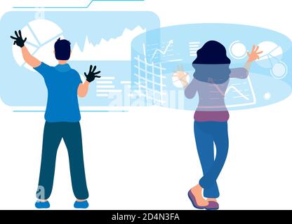 young couple using glasses and reality virtual displays vector illustration design Stock Vector