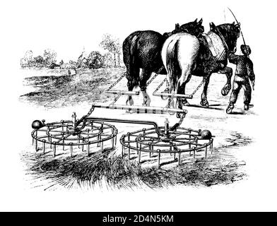 Antique Agricultural Farming Equipment - Vintage Farmers Tools and Machines from 19th century Original Art Antique Illustration Black and White Stock Photo