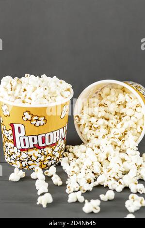 Closeup shot of popcorn on a gray studio background Stock Photo