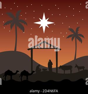 happy merry christmas manger scene with holy family in stable and animals sunset vector illustration design Stock Vector
