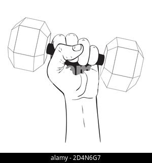 Human hand holding dumbbells, sports themed illustration. Stock Vector