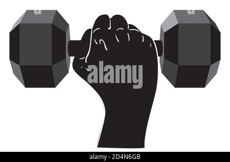 Human hand holding dumbbells, sports themed illustration. Stock Vector