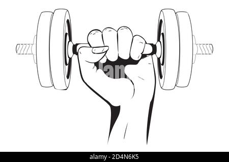 Human hand holding dumbbells, sports themed illustration. Stock Vector