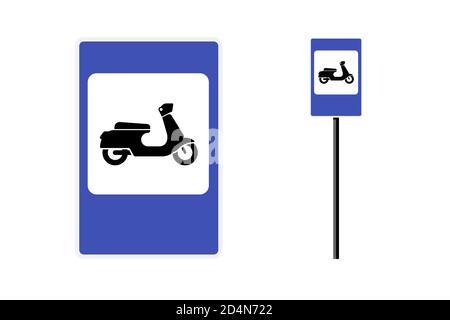 Moped motor scooter parking zone blue rectangular roadsign for city mobility transport. Vector retro motorcycle motorbike traffic regulation road sign isolated eps illustration Stock Vector