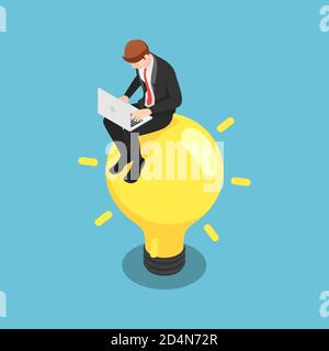 Flat 3d Isometric Businessman Working with Laptop and Sitting on Light Bulb. Business Idea Concept. Stock Vector