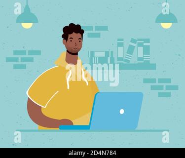 afro man using laptop computer in the house vector illustration design Stock Vector