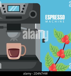 coffee brewing methods poster with cup in machine and plant vector illustration design Stock Vector