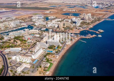 Eilat coastline, waterfront hotels and The Red Sea , Aerial view Stock Photo