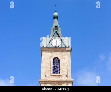 Jaffa Clock tower on a beautiful clear day with blue sky in the background. Stock Photo