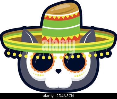 traditional mexican cat skull head with mariachi hat flat style icon vector illustration design Stock Vector