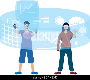 young couple using glasses and reality virtual display around vector illustration design Stock Vector