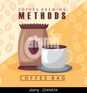 coffee brewing methods poster with bag and cup vector illustration design Stock Vector