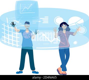 young couple using glasses and reality virtual display around vector illustration design Stock Vector
