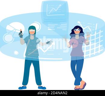 young couple using glasses and reality virtual display around vector illustration design Stock Vector