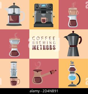 coffee brewing methods poster lettering and set icons vector illustration design Stock Vector