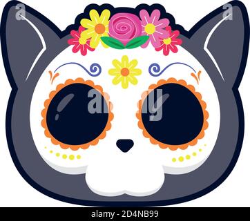 traditional mexican cat skull head flat style icon vector illustration design Stock Vector