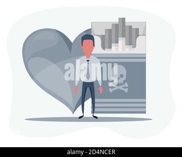 Flat illustration of a human, heart and cigarette concept of risk of the circulatory system due to nicotine smoke. Smoking cigarette destroying health Stock Vector