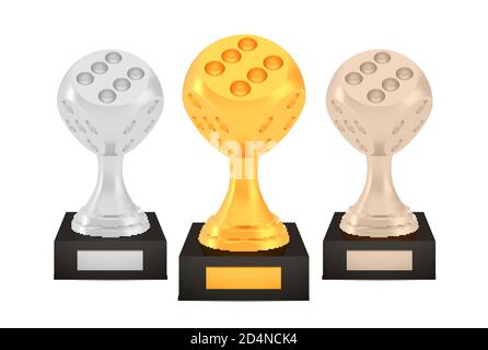Winner dice awards set, gold silver bronze trophy cups on stands with empty plates Stock Vector