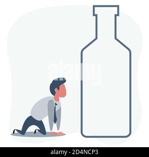 Sick drunk man on the knees beside the bottle of wine. Concept flat vector illustration of alcohol addiction. Stock Vector